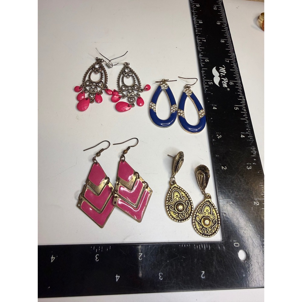 Lot of 4 Pairs Fashion Dangle Earrings Pink Blue Gold Tone Boho Geometric Set